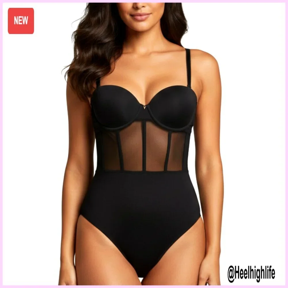 Women's Mesh Panel Bodysuit Underwire Cups Seamless Shapewear